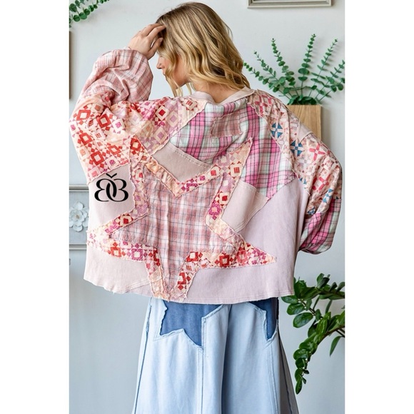 Oli & Hali Tops - Oli & Hali Pink Star Patch Mixed Fabric Thermal Top